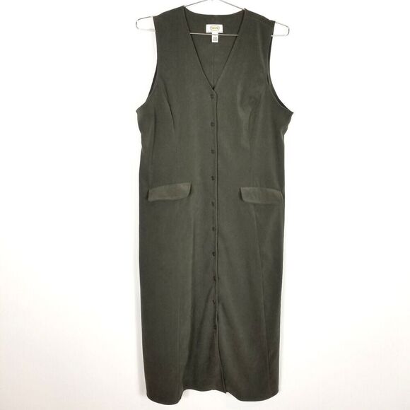 Talbots Women Button Down Sleeveless Midi Dress Sz 14 P Green Sleeveless Pockets - Picture 1 of 8
